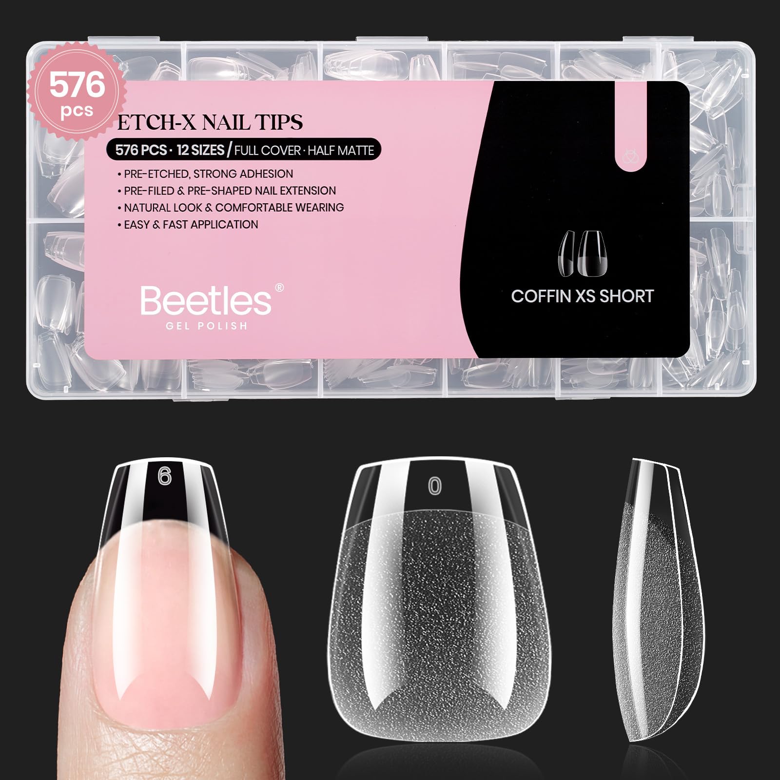 Beetles extensiones de uñas de gel extra corto con forma ataúd, 576 piezas para manicura en casa