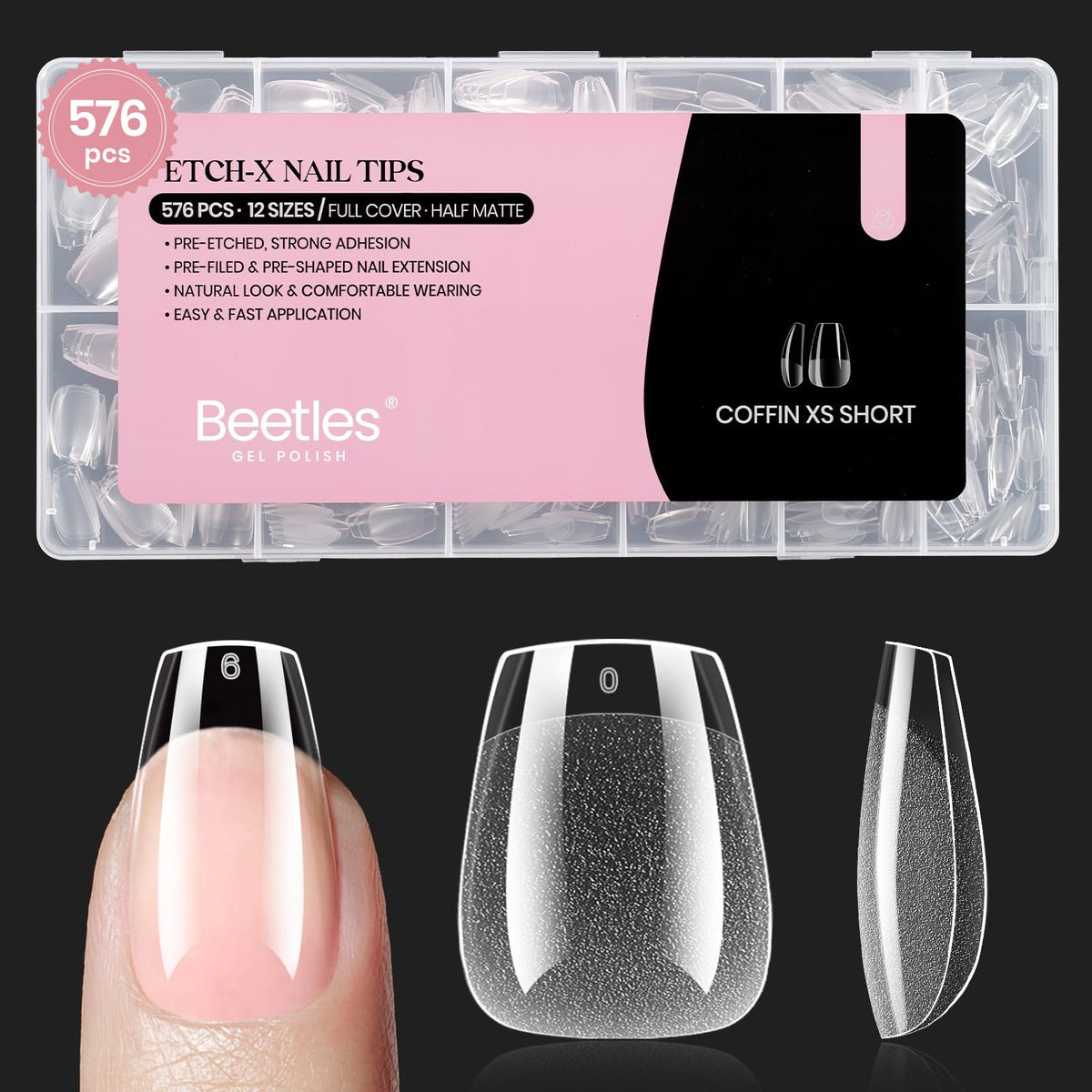Beetles extensiones de uñas de gel extra corto con forma ataúd, 576 piezas para manicura en casa