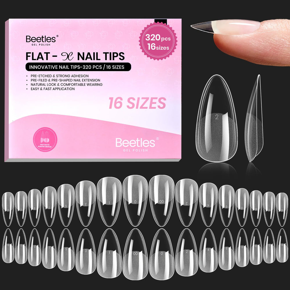 Beetles Flat-X puntas de almendra mediana para uñas naturales con ajuste cómodo.