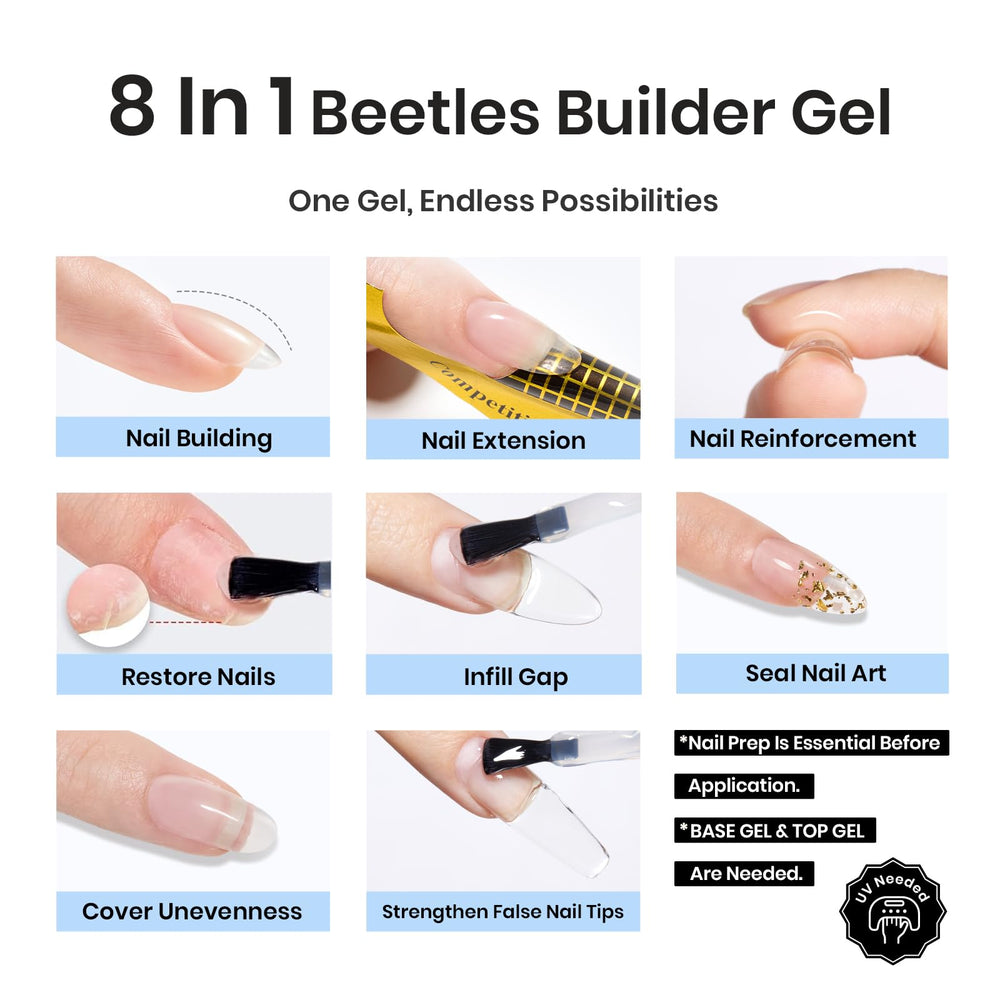 Gel Beetles 8-en-1 para múltiples usos, desde fortalecimiento hasta base.