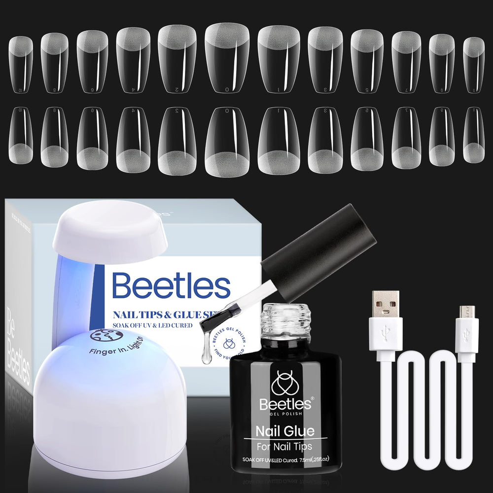 Beetles Gel Nail Kit Coffin con lámpara UV-LED para manicuras en casa.