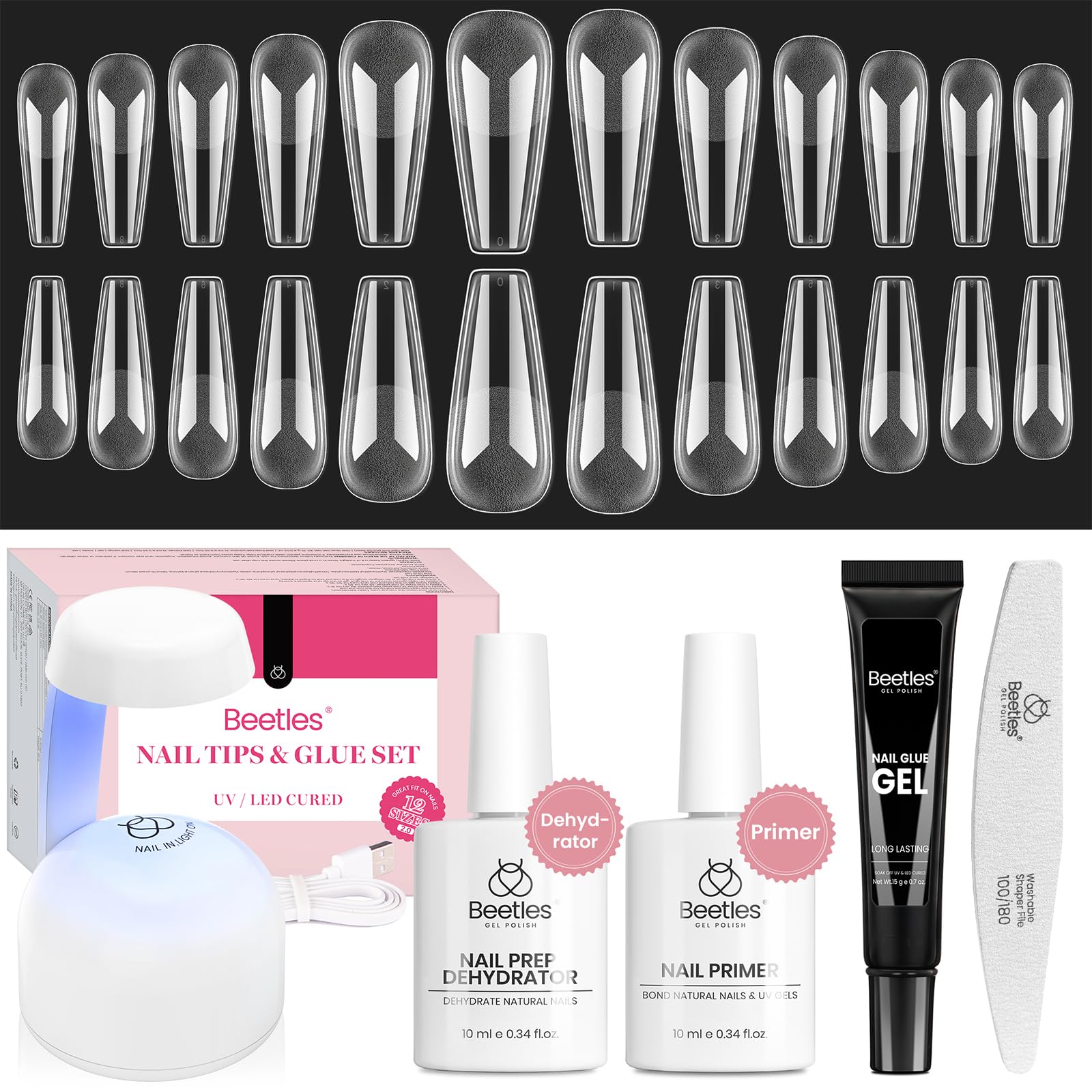 Beetles Gel Uñas Kit extensiones en forma ataúd largas para uñas.