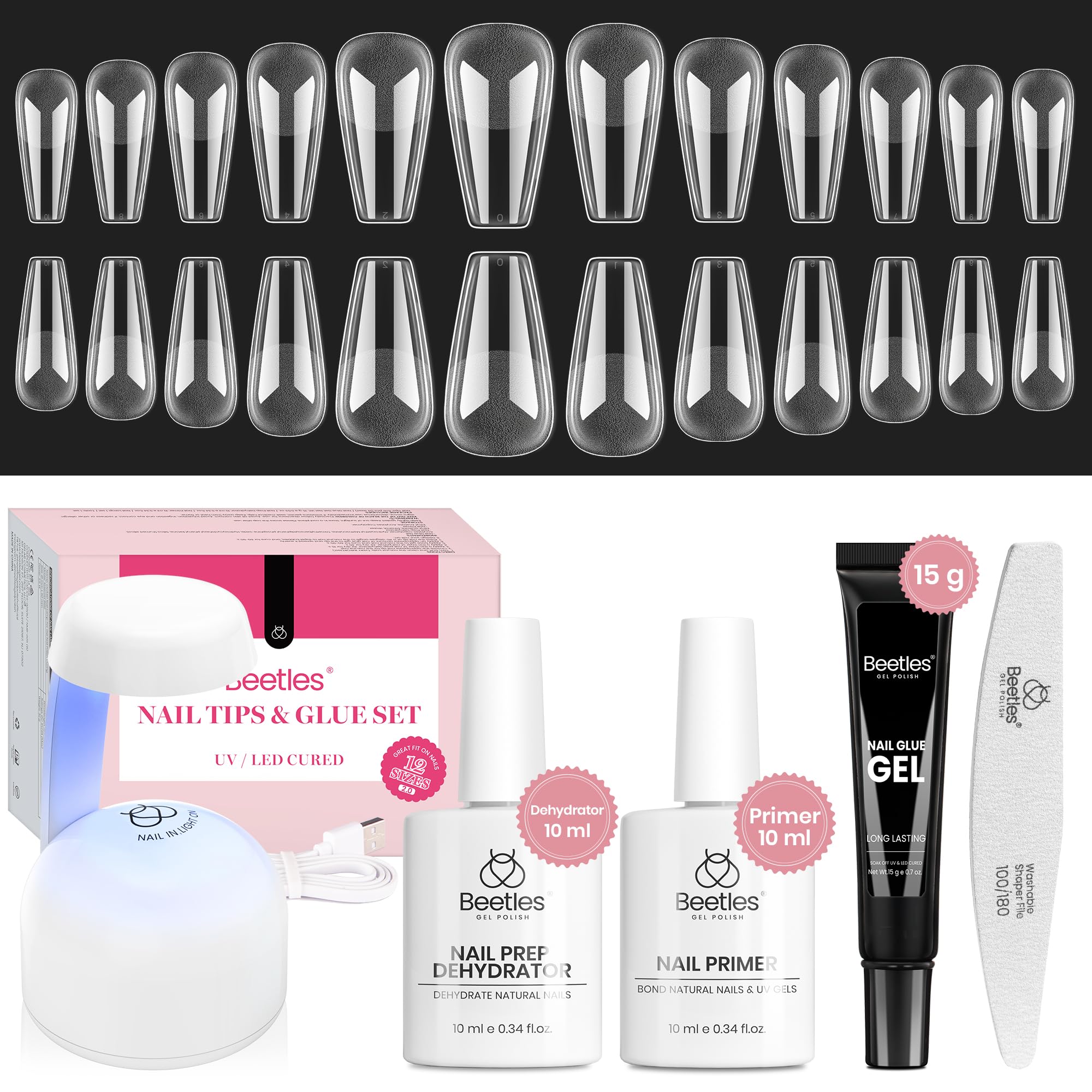 Beetles Gel Nail Kit muestra puntas mediano coffin para extensión precisa