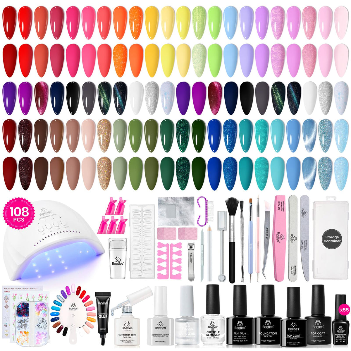 Beetles Gel Nail Polish Kit con luz UV para curado rápido y duradero.