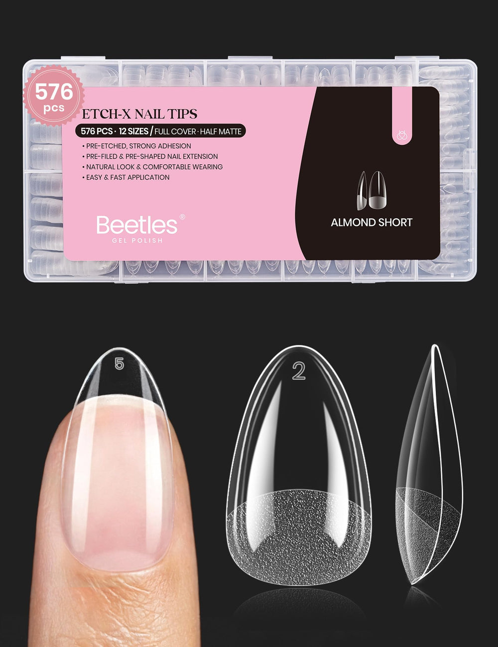 Beetles Gel Nail Tips almendra corta: 576 piezas para uñas definidas en casa