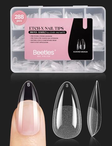 Beetles Gel Nail Tips almendra Etch X, cobertura total para uñas postizas duraderas