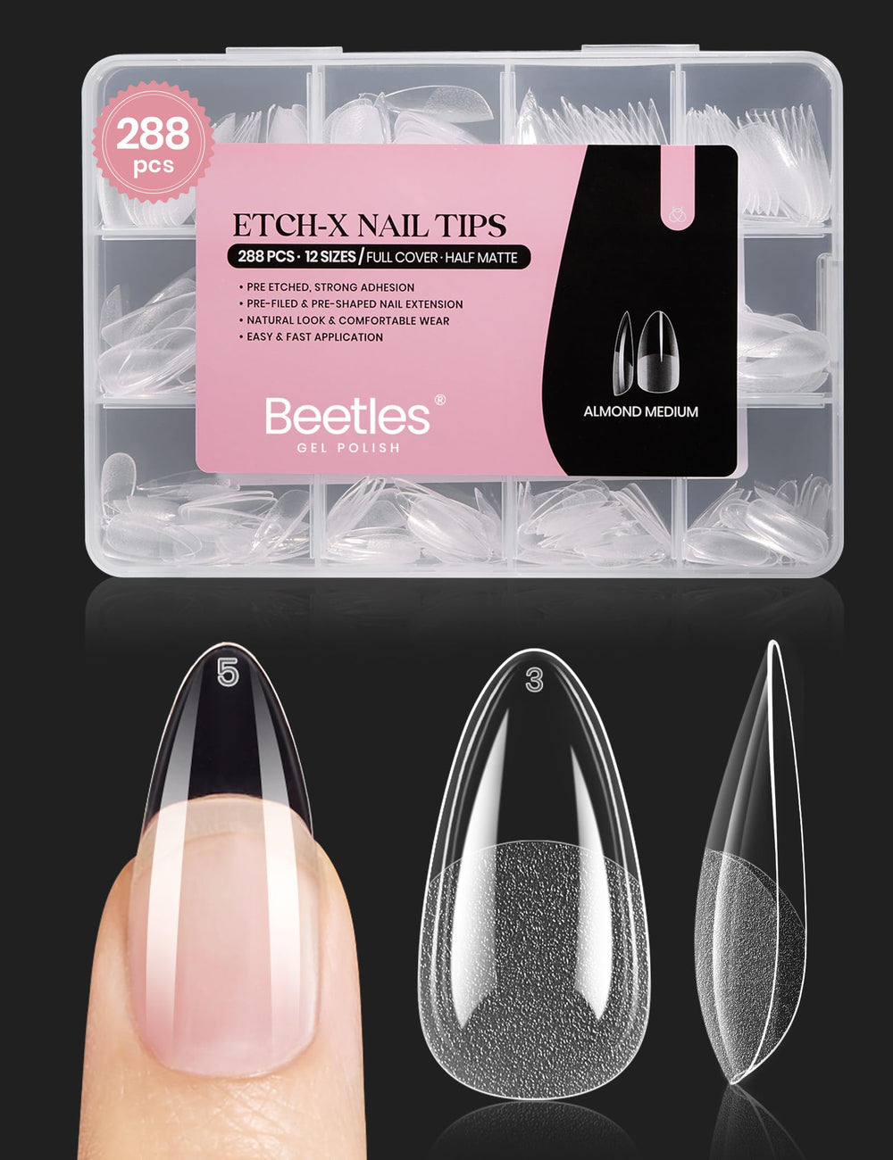 Beetles Gel Nail Tips almendra Etch X, cobertura total para uñas postizas duraderas