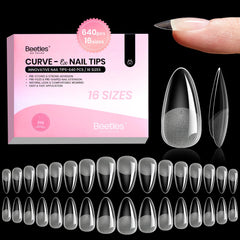 Beetles Gel Nail Tips Almond Curve-EX en empaque compacto para ordenar y almacenar fácilmente.