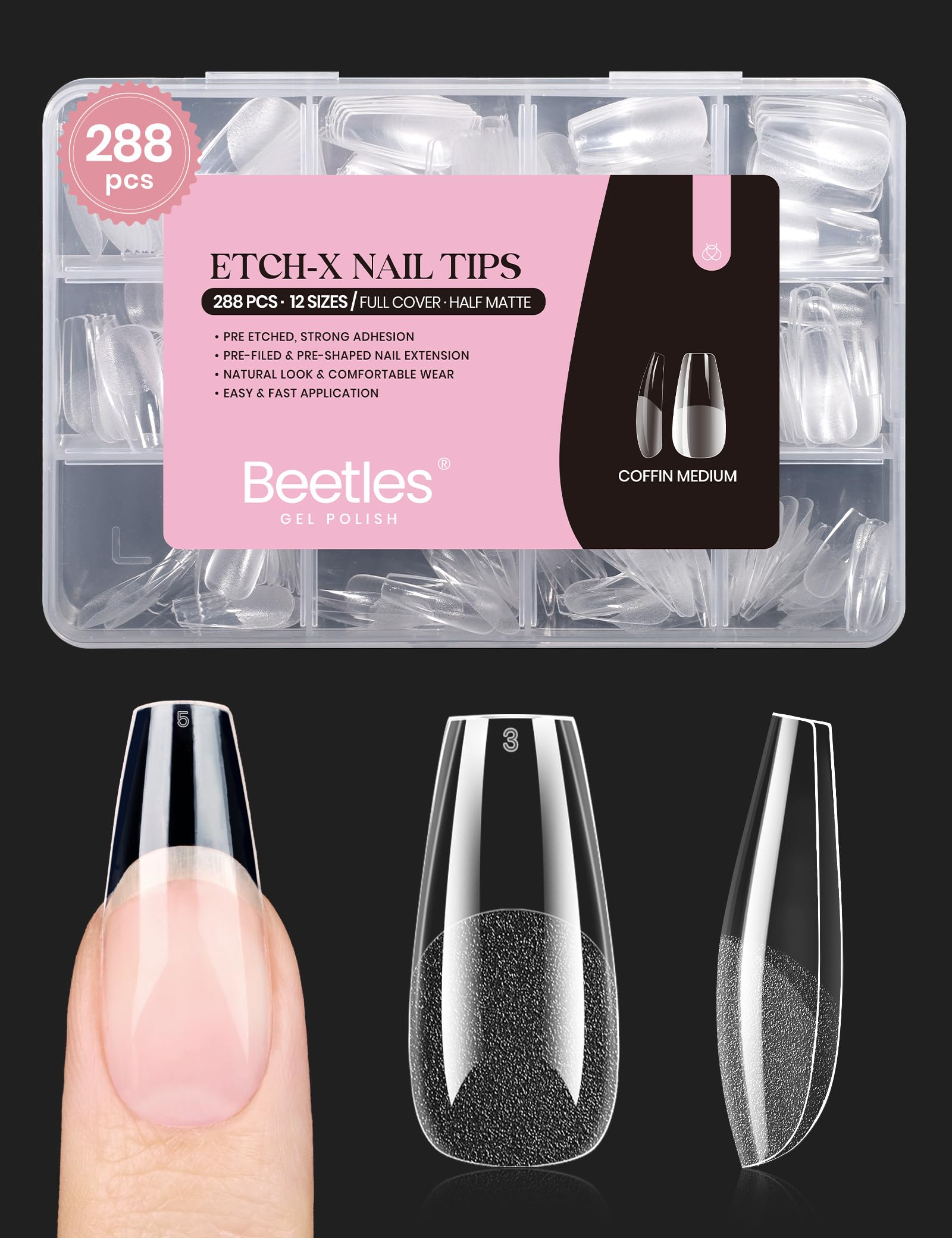 Beetles Gel Nail Tips Etch X mediano en forma ataúd, aplicación rápida para uñas falsas duraderas