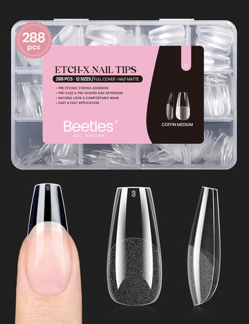 Beetles Gel Nail Tips Etch X mediano en forma ataúd, aplicación rápida para uñas falsas duraderas