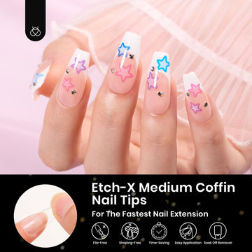Beetles Gel Nail Tips Etch X mediano en forma ataúd, ajuste preciso para uñas naturales
