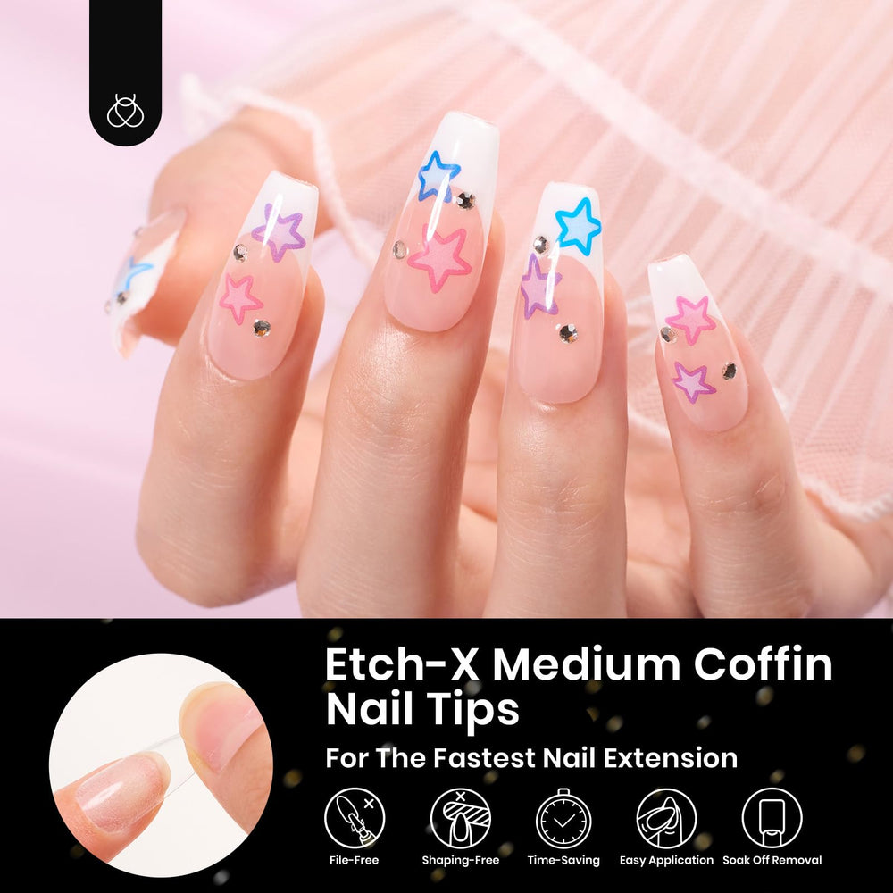 Beetles Gel Nail Tips Etch X mediano en forma ataúd, ajuste preciso para uñas naturales