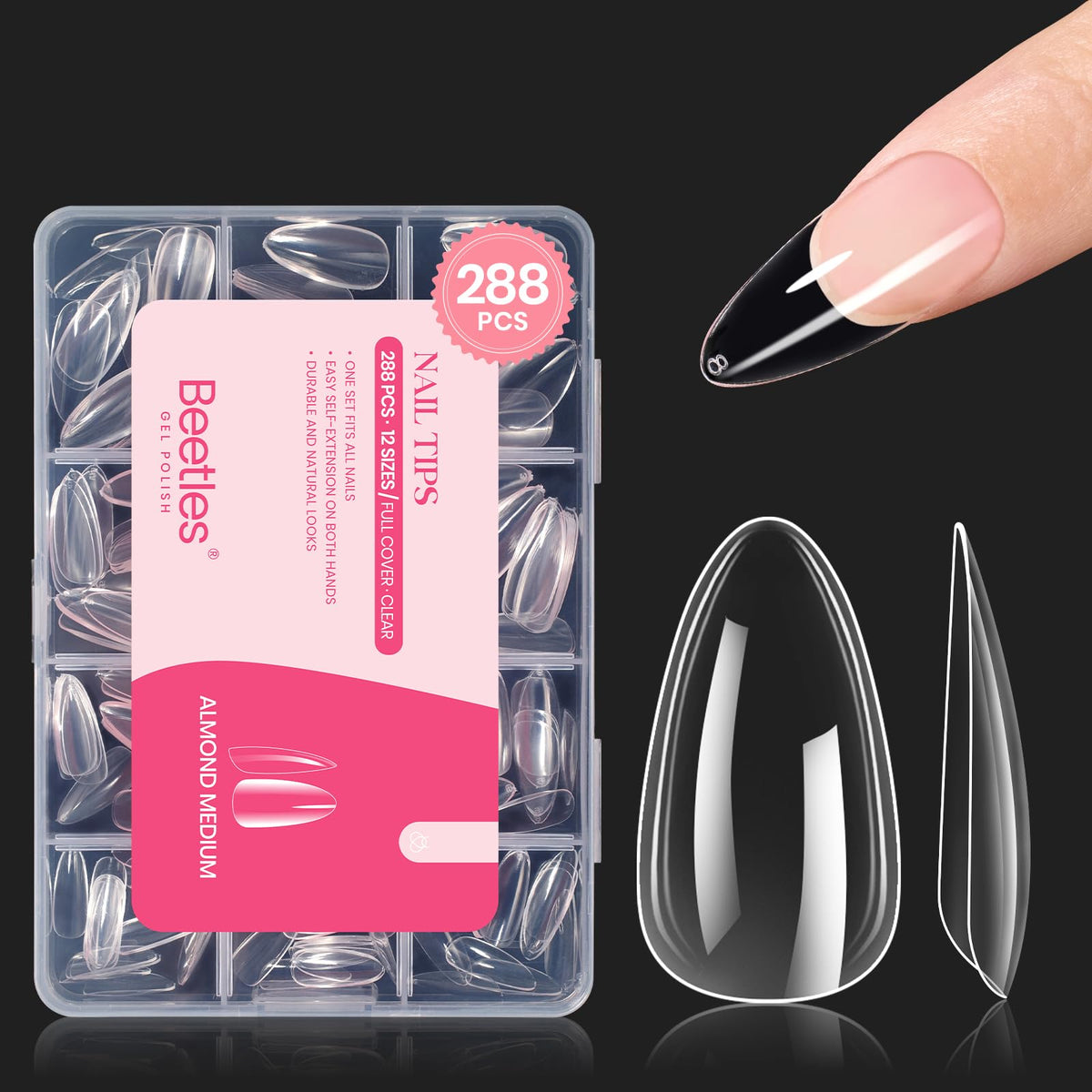 Beetles Gel Nail Tips: puntas transparentes en almendra para un acabado natural.