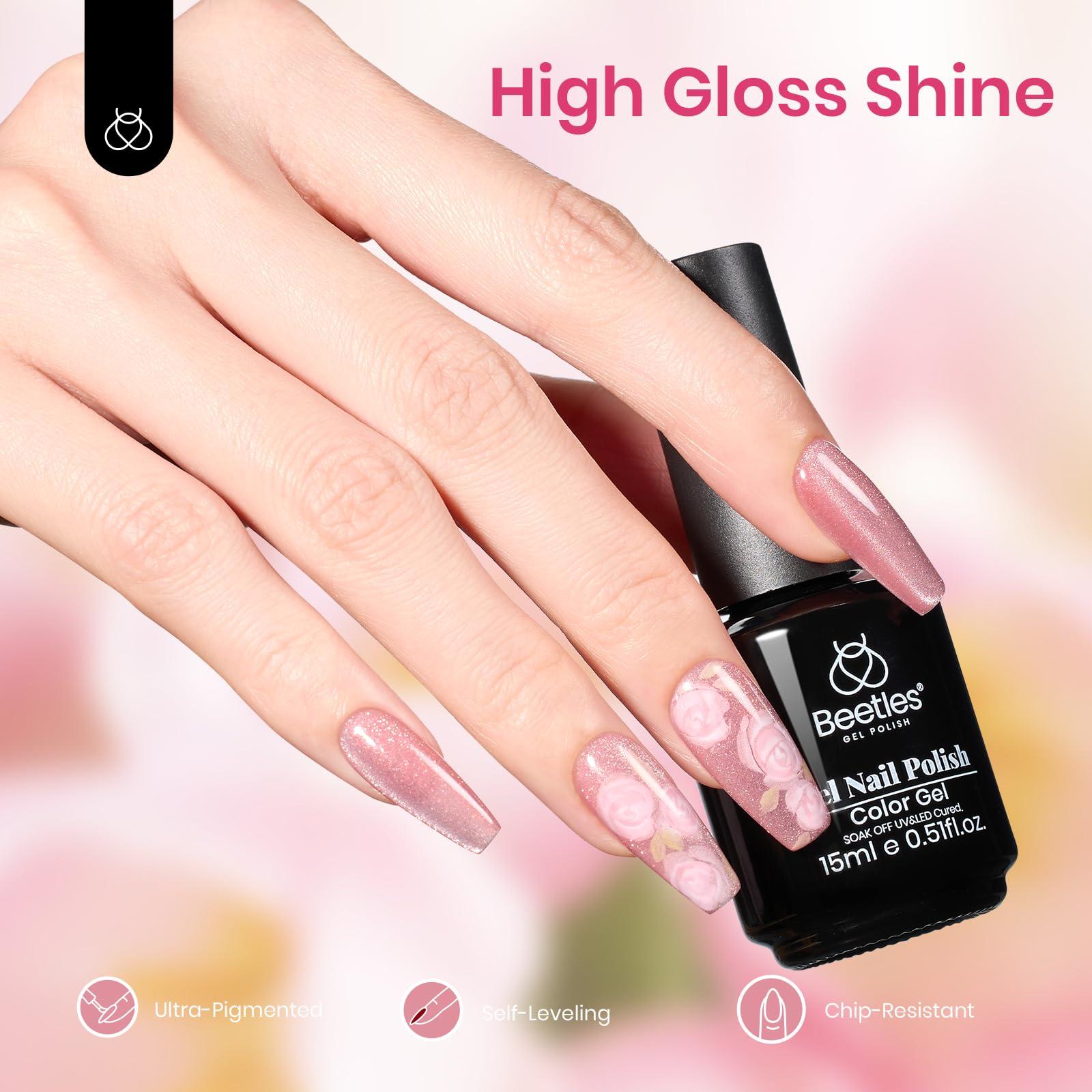 Beetles esmalte gel rosa ojo de gato con brillo sutil para uñas