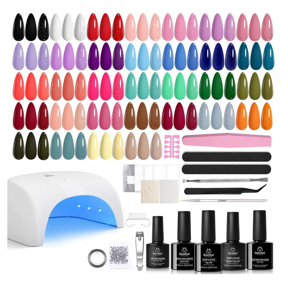 Beetles Gel Polish kit con lámpara UV para manicuras caseras rápidas.
