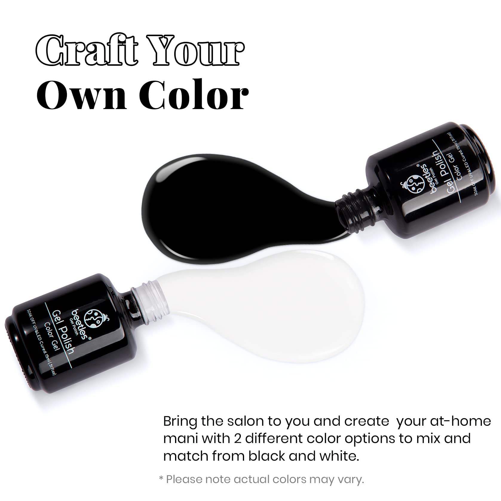 Beetles Gel Polish en manos con uñas negro y blanco, acabado brillante y uniforme.