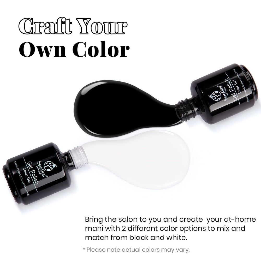 Beetles Gel Polish en manos con uñas negro y blanco, acabado brillante y uniforme.
