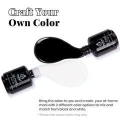 Beetles Gel Polish en manos con uñas negro y blanco, acabado brillante y uniforme.