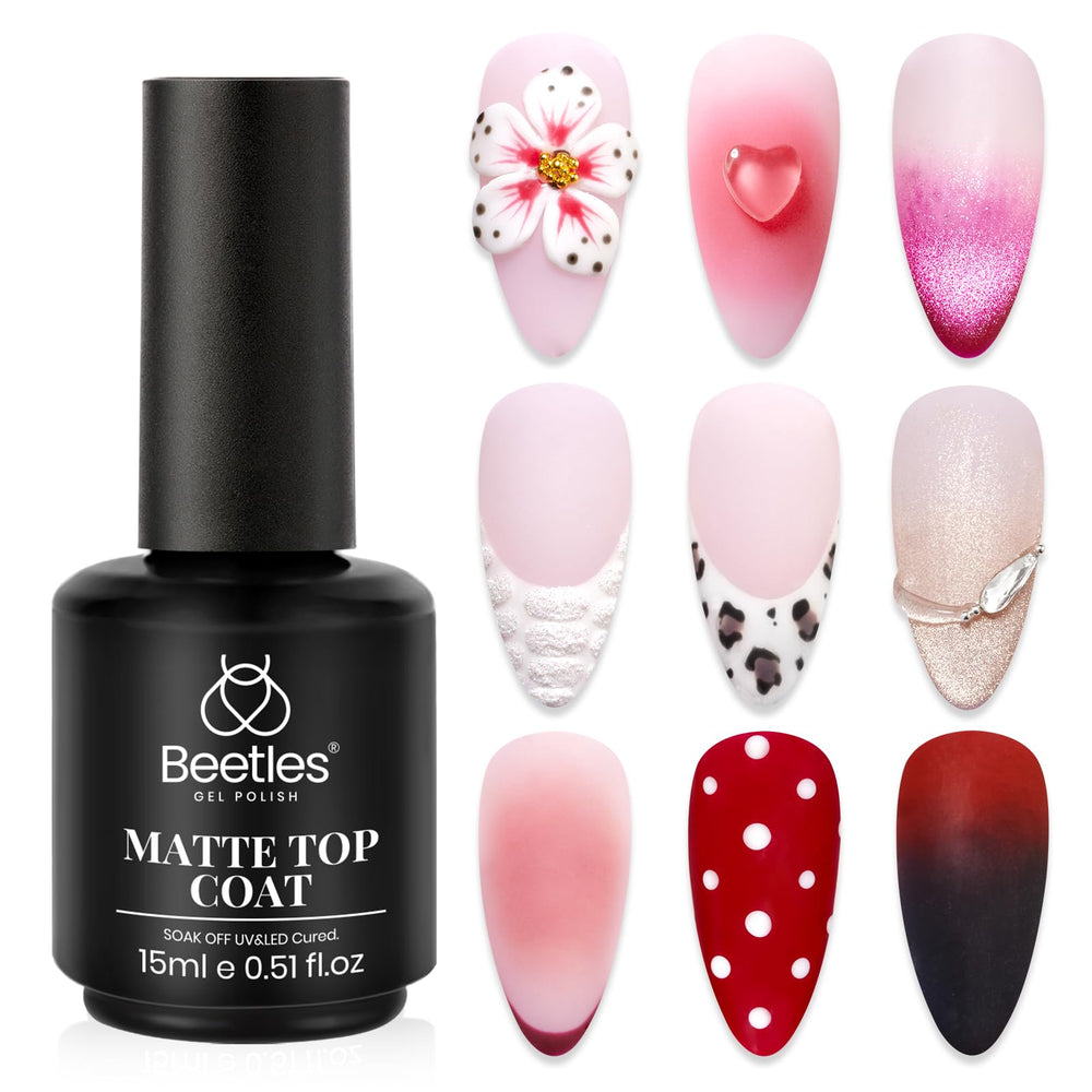 Beetles Gel Polish Top Coat Mate 15 ml, botella; acabado mate duradero para uñas en gel.