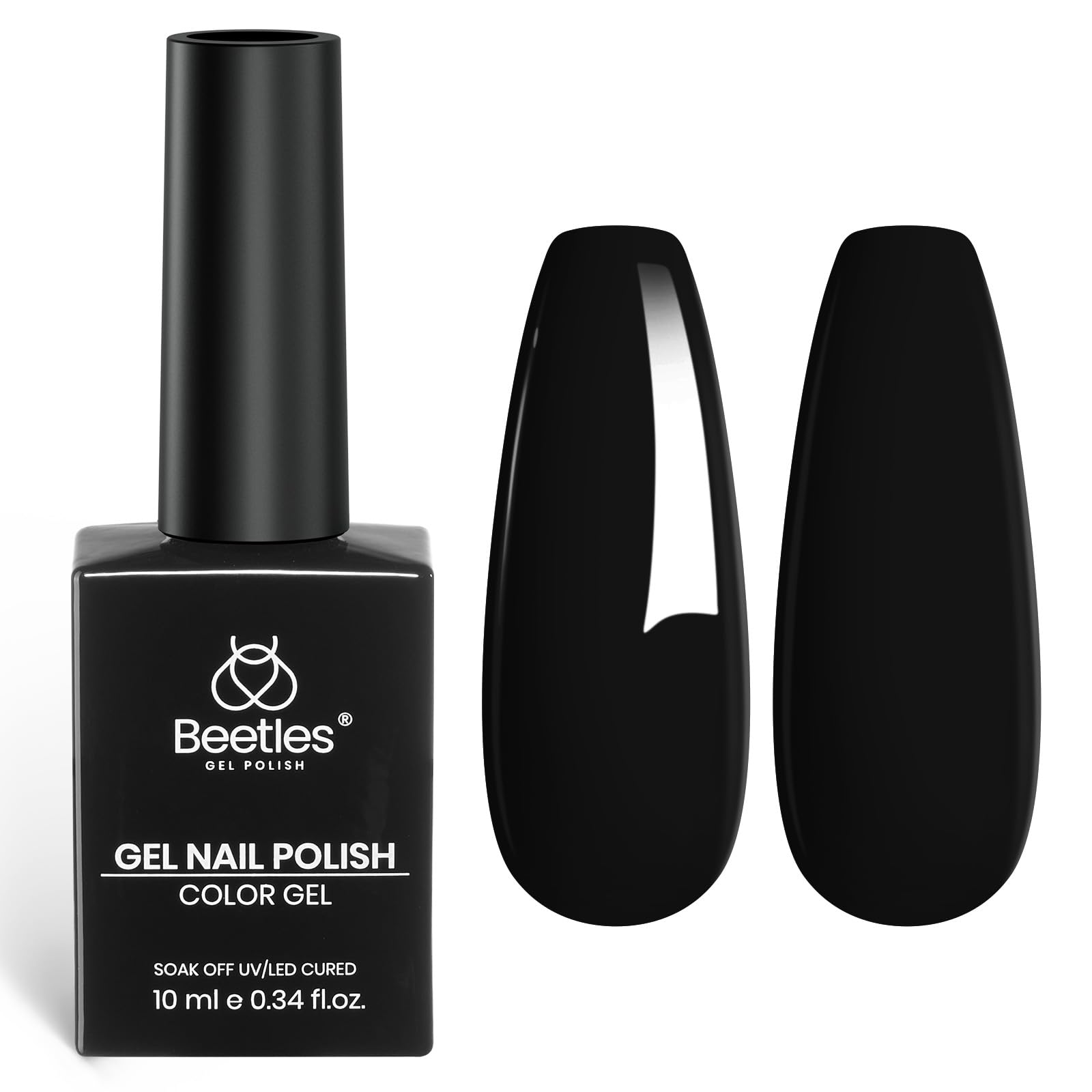 Beetles esmalte en gel negro Invierno 10 ml, acabado negro clásico para uñas brillantes.