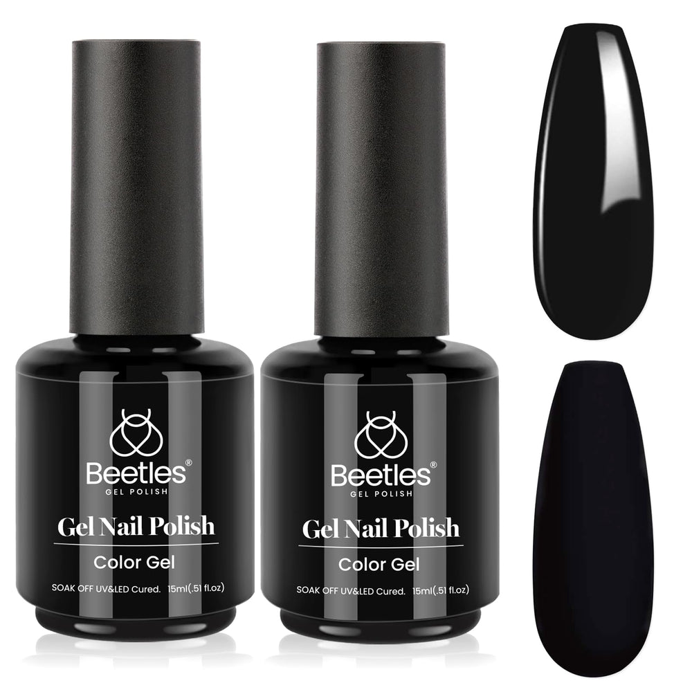 Beetles gel esmalte negro invierno en toma de empaque, acabado intenso y duradero.