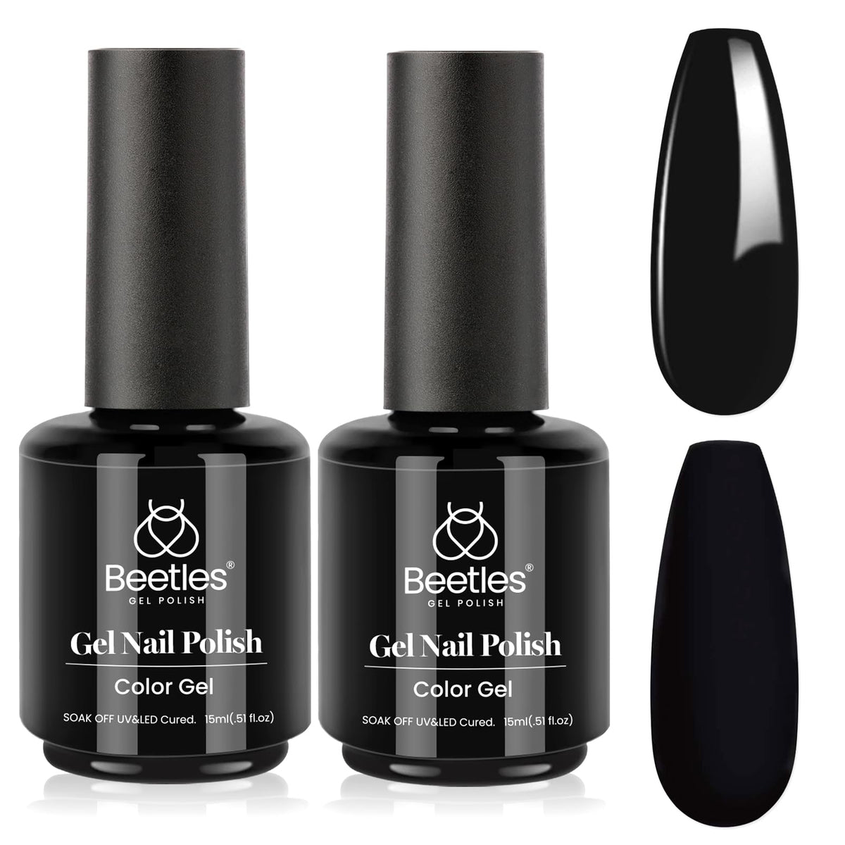 Beetles gel esmalte negro invierno en toma de empaque, acabado intenso y duradero.