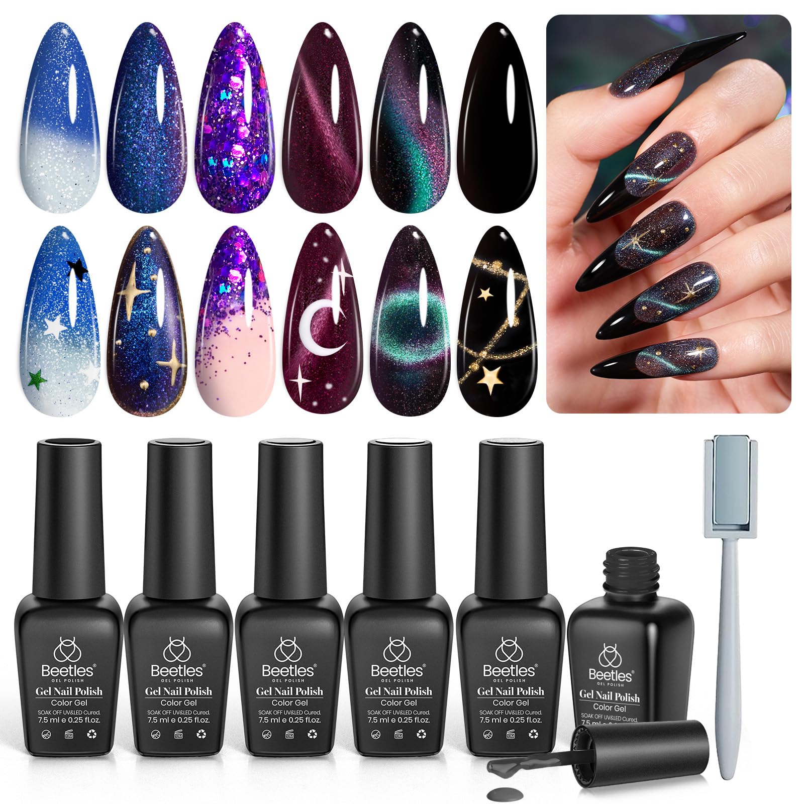 Beetles gel para uñas ojo de gato Milky Way: conjunto de 6 colores para uñas galácticas duraderas.