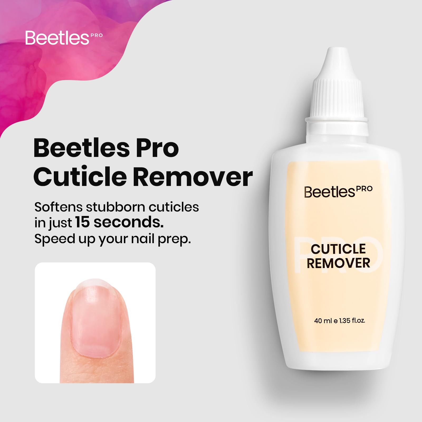Beetles Pro Cuticle Remover, textura líquida para aplicación precisa y suave.