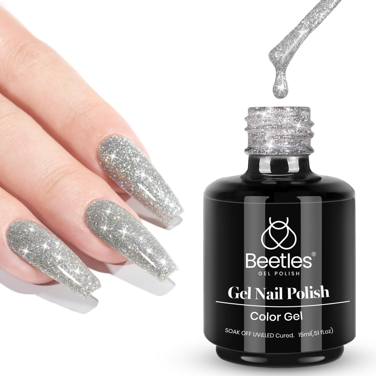 Beetles gel polish reflectante plata en botella, brillo único para uñas.