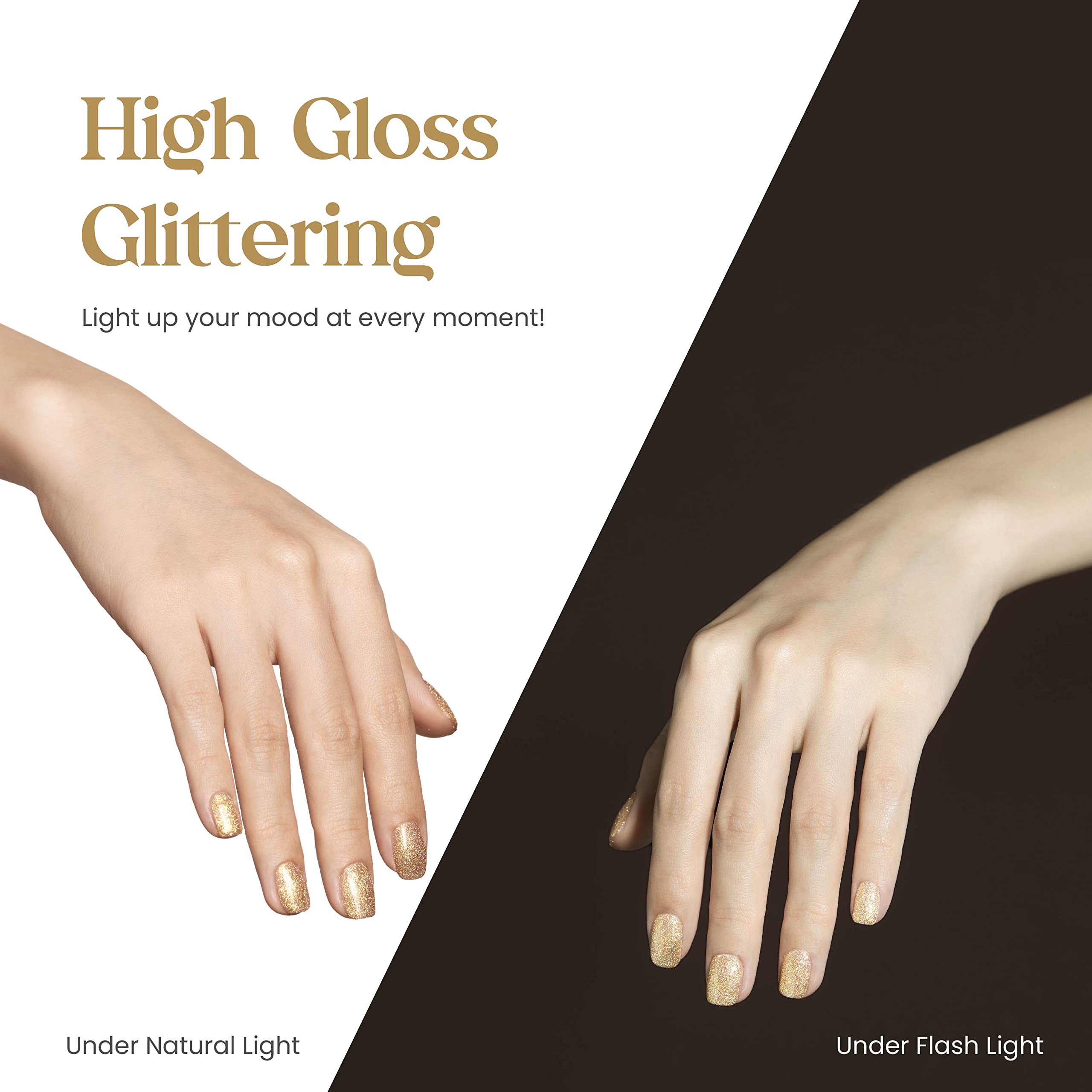 Beetles Gold Gel Polish con glitter reflectante, ideal para fiestas.