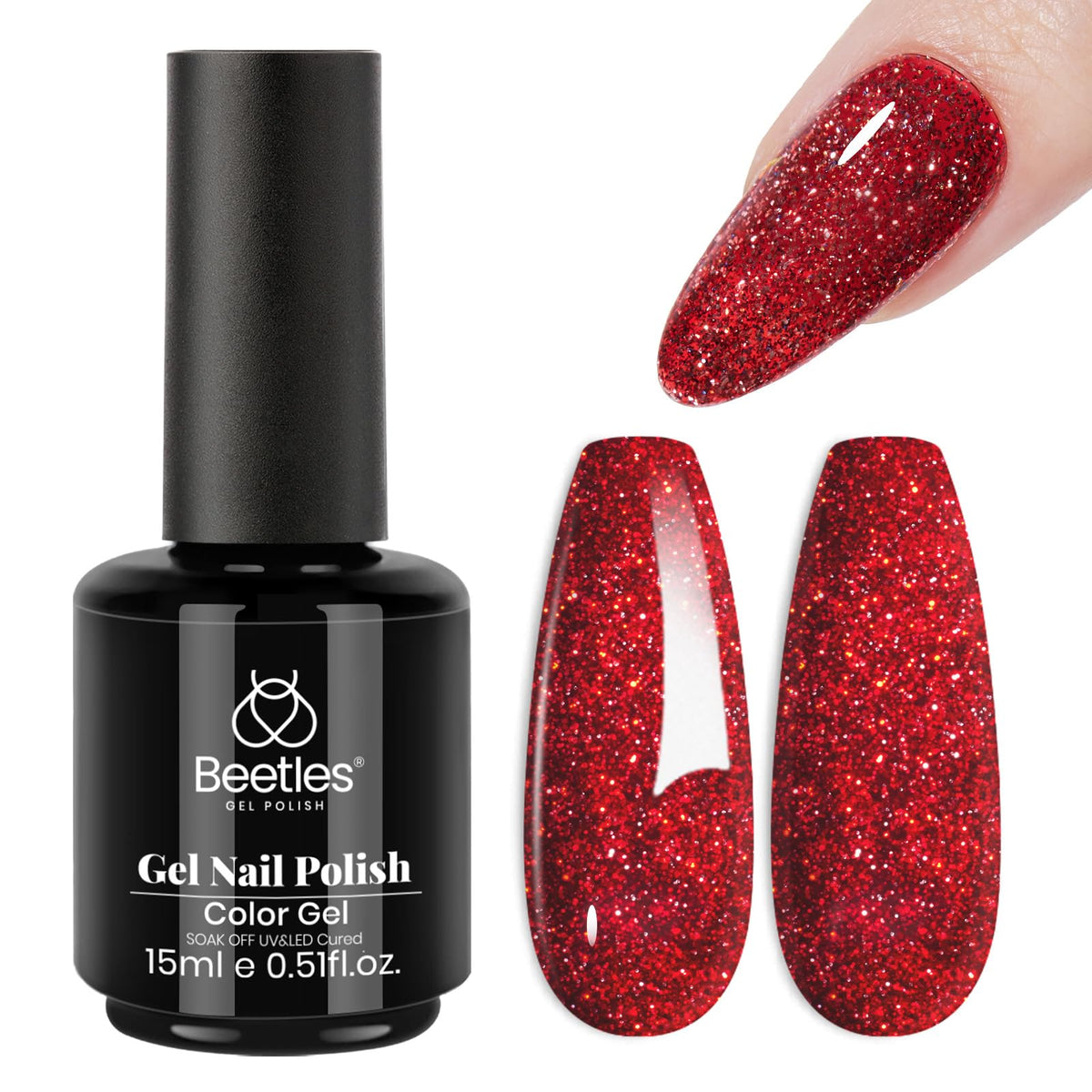Beetles Gel Polish rojo glitter, botella brilla con color intenso para uñas deslumbrantes.