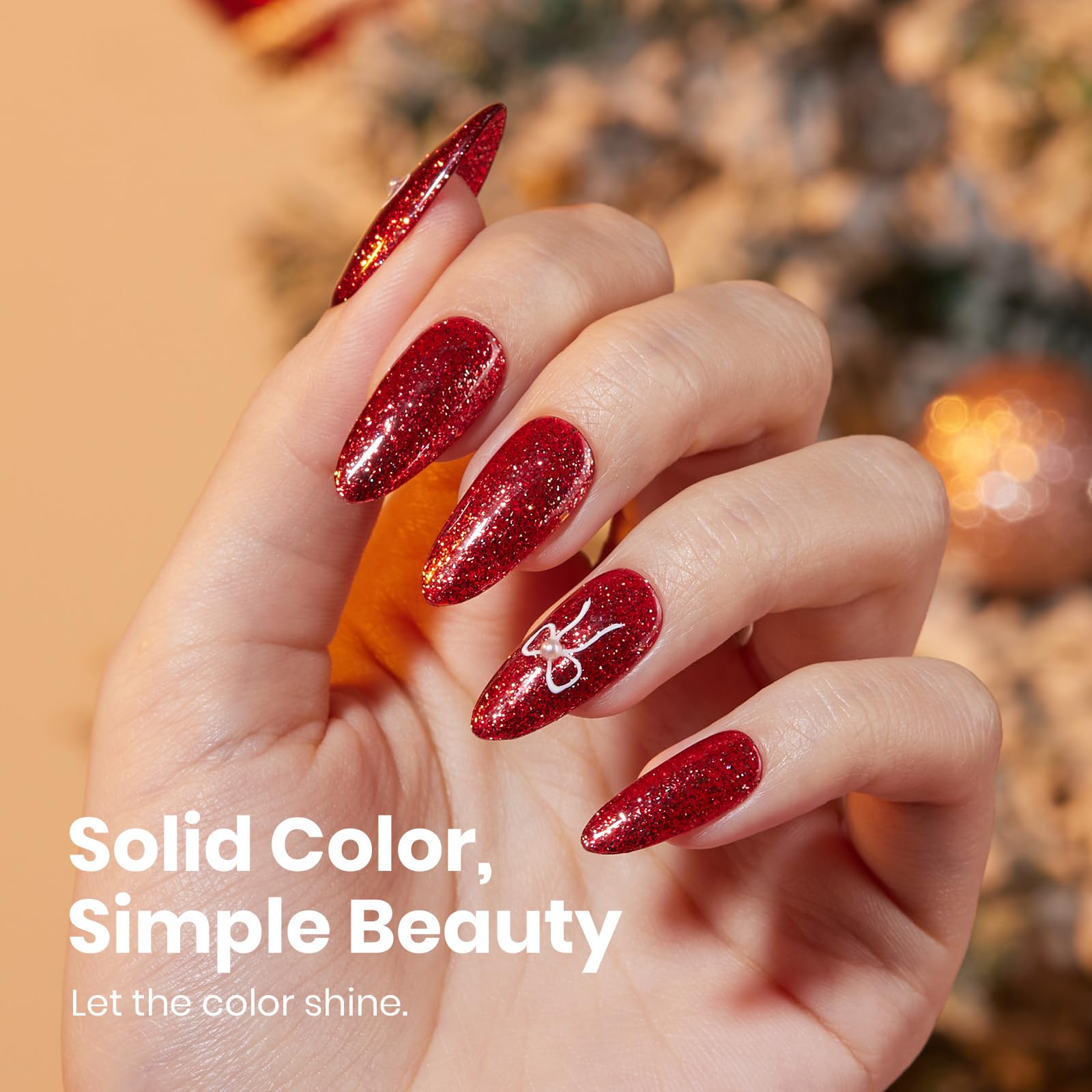Beetles Gel Polish rojo glitter, manicura mostrada para un acabado brillante y duradero.