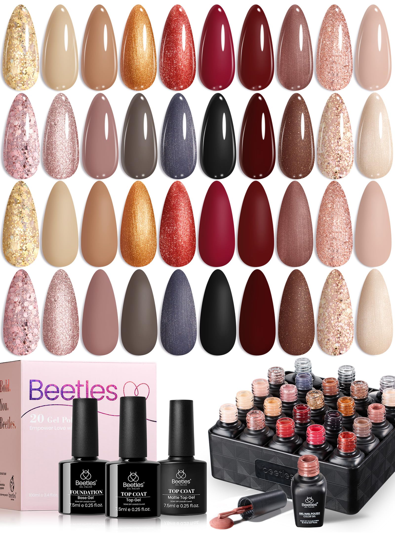 Beetles Gel Polish Set, paleta de 20 colores para looks diarios.