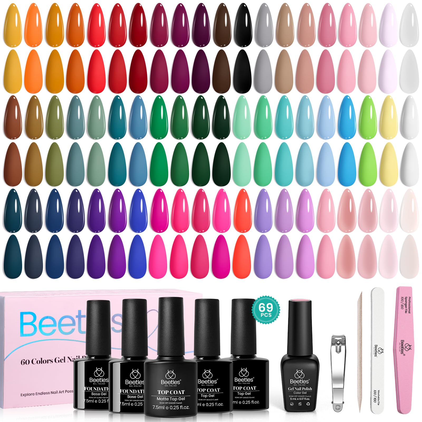Beetles Gel Polish Set: portada del kit con amplia paleta de 60 colores.