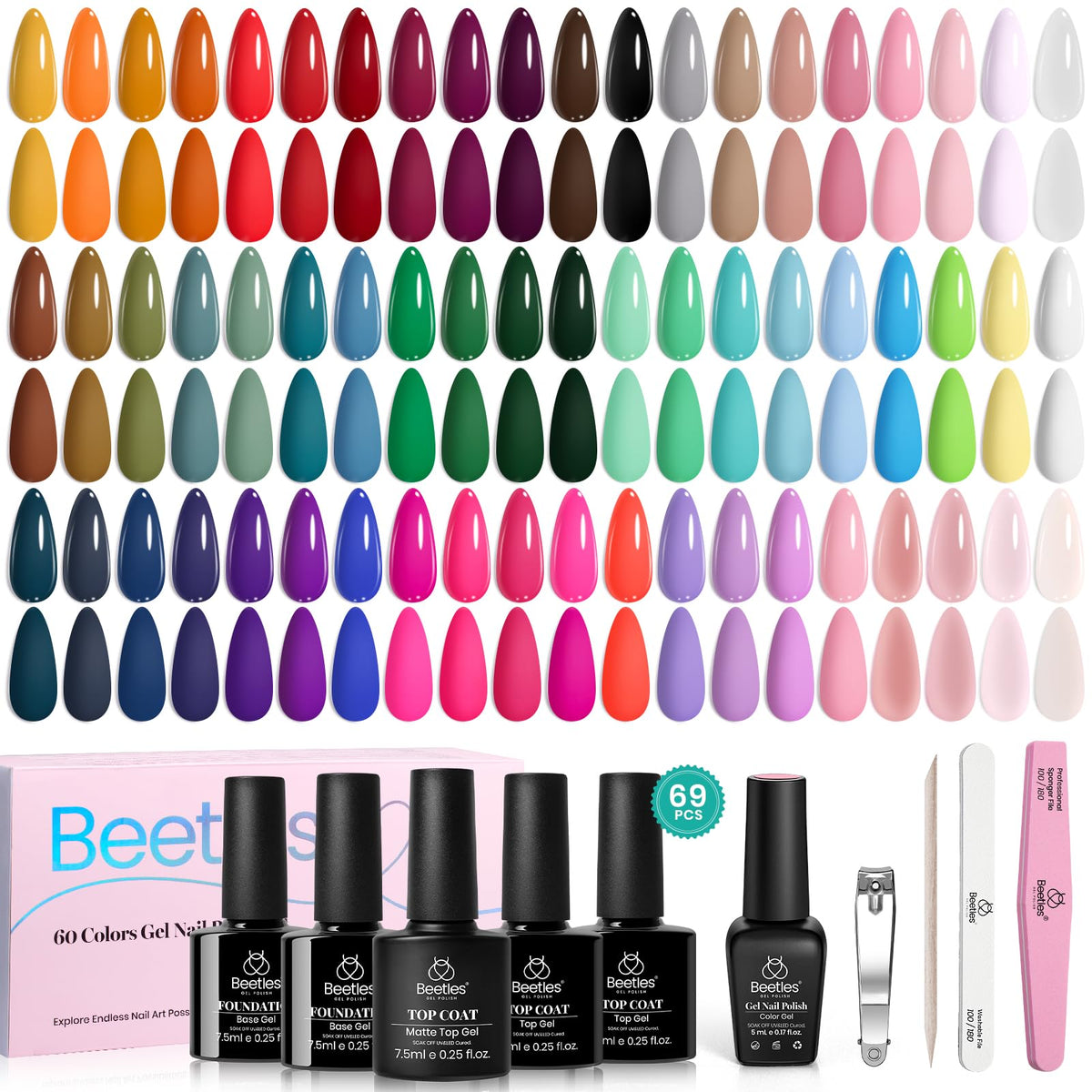 Beetles Gel Polish Set: portada del kit con amplia paleta de 60 colores.