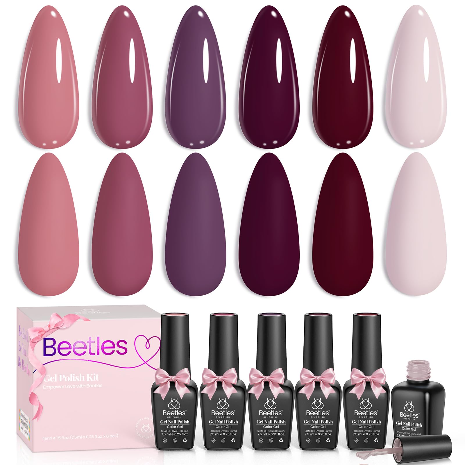 Beetles Gel Polish Set Purpura 6 Colores, ideal para uñas otoñales.