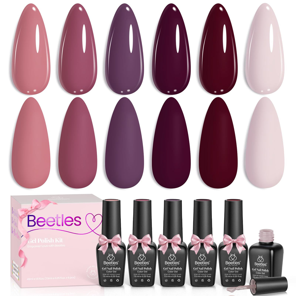 Beetles Gel Polish Set Purpura 6 Colores, ideal para uñas otoñales.