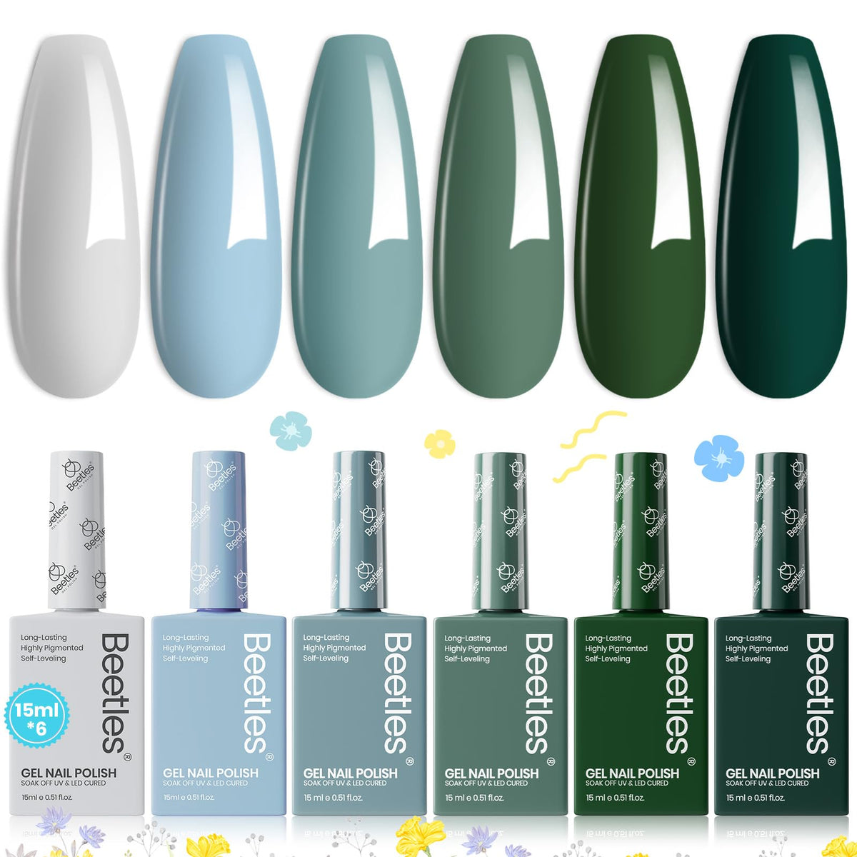 Beetles Gel Polish Set muestra seis tonos para uñas con acabado brillante.