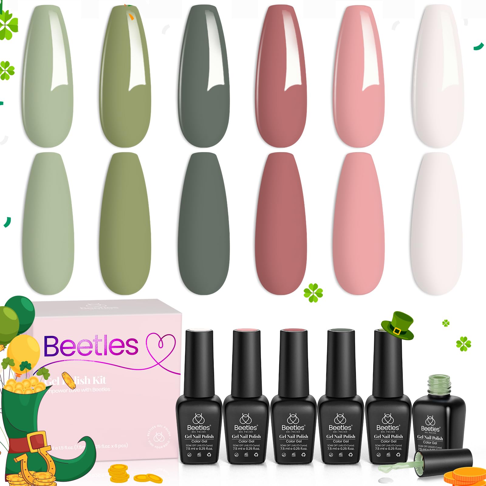 Beetles Gel Polish set seis colores con brillo intenso para uñas.