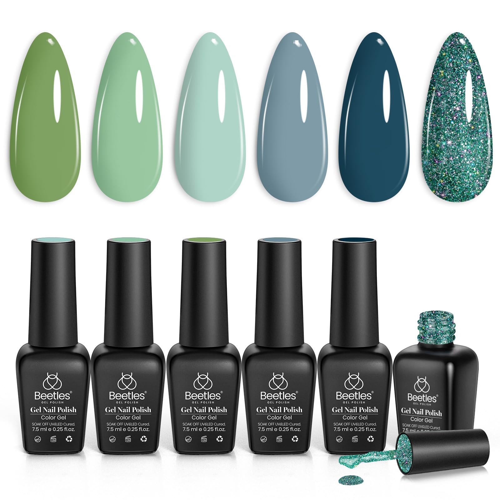 Beetles Esmalte Gel Set - seis colores verde-azul para manicura duradera.