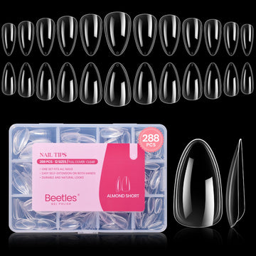 Beetles Gel Short Almond Nail Tips pack: 288 uñas listas para aplicar en casa.
