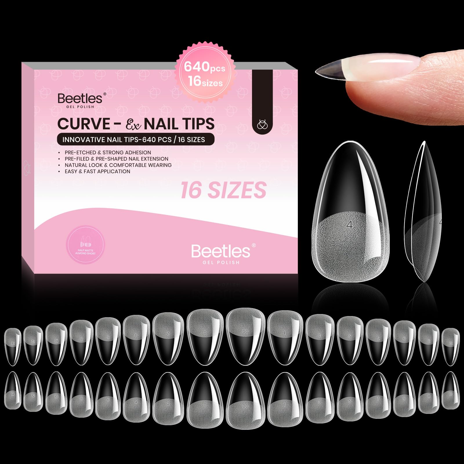 Beetles Gel uñas almendra Curve-EX, detalle de curva para mayor durabilidad.