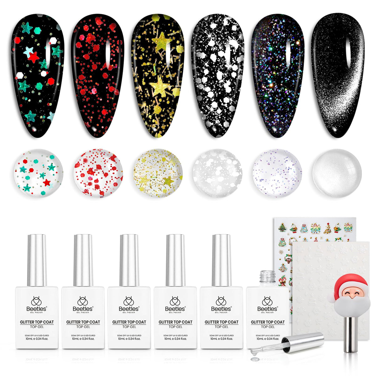 Beetles: conjunto de capa superior de gel con efecto ojo de gato para uñas brillantes.