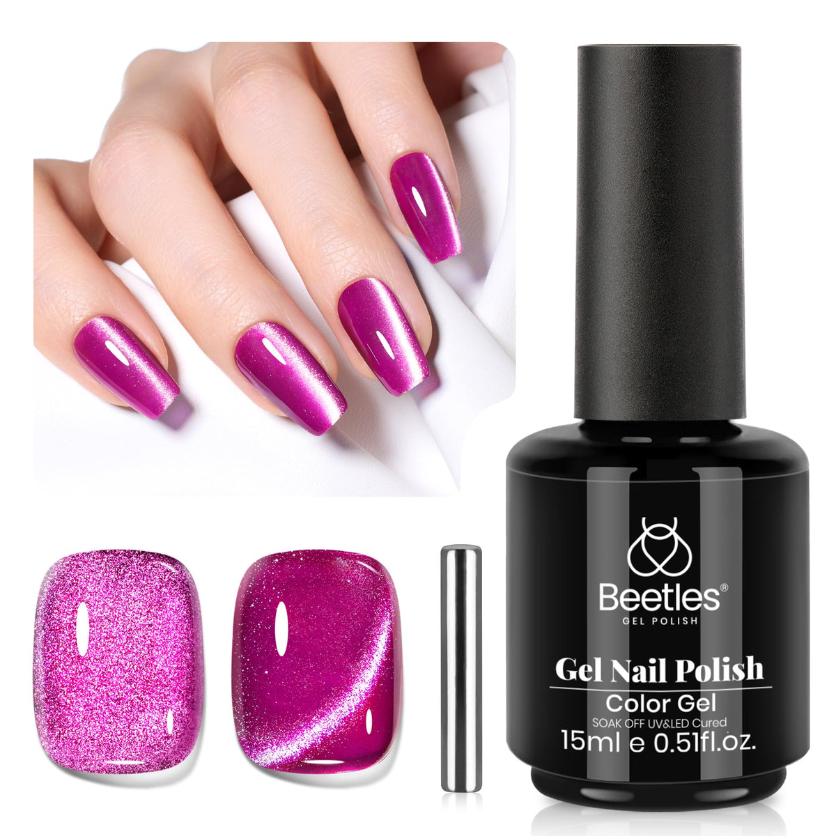 Beetles Gel Uñas Rosa Caliente Cat Eye en frasco, efecto ojo de gato para manicura en casa.