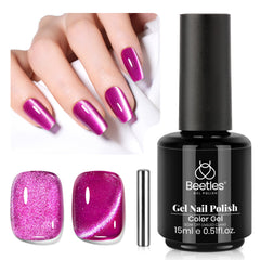 Beetles Gel Uñas Rosa Caliente Cat Eye en frasco, efecto ojo de gato para manicura en casa.