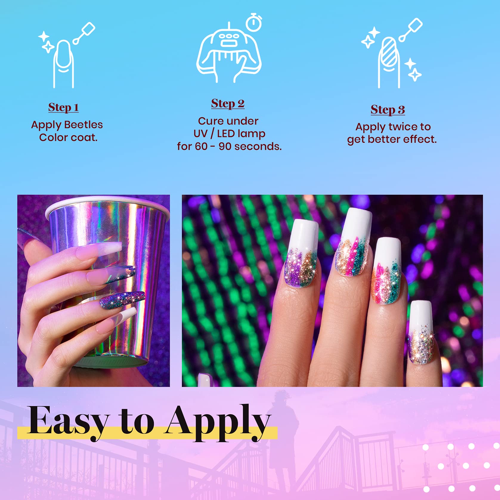 Beetles Glitter Gel Polish morado glitter, perfecto para fiestas