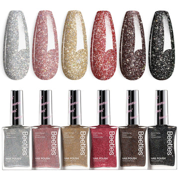 Beetles Glitter Nail Polish Set swatch wheel showing six shimmering colors for quick at-home glam
