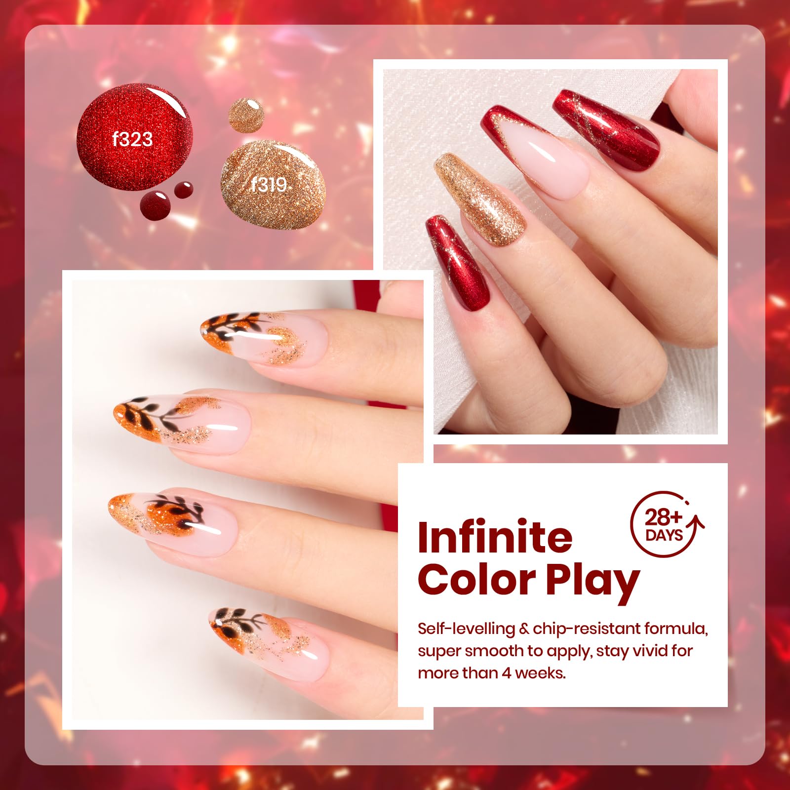 beetles gel-polish glitter rojo-naranja-dorado, listo para una manicura profesional.