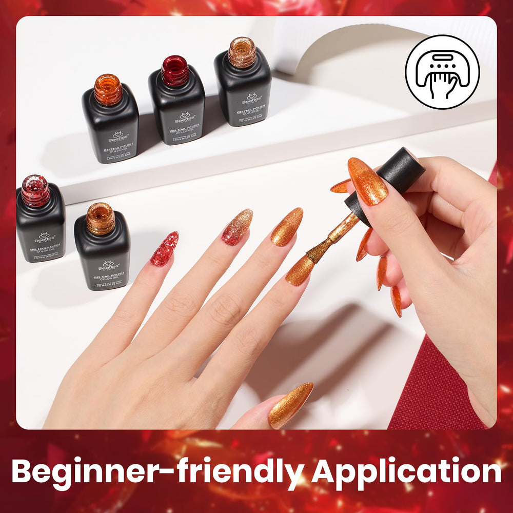 beetles gel polish glitter rojo-naranja-dorado ayuda a lograr efecto shimmer duradero.