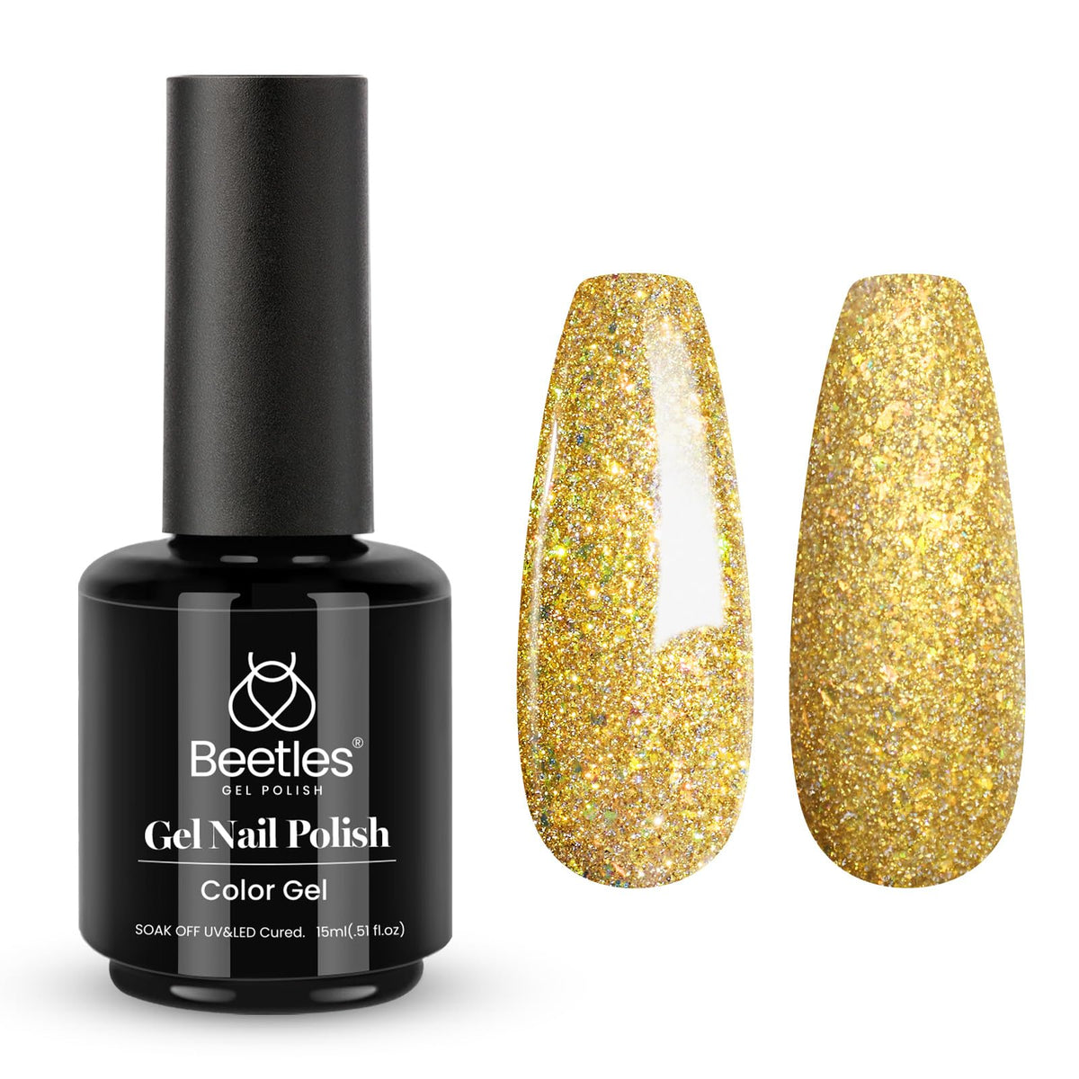 Beetles Gold Gel Polish muestra una botella dorada Champagne con brillo llamativo.